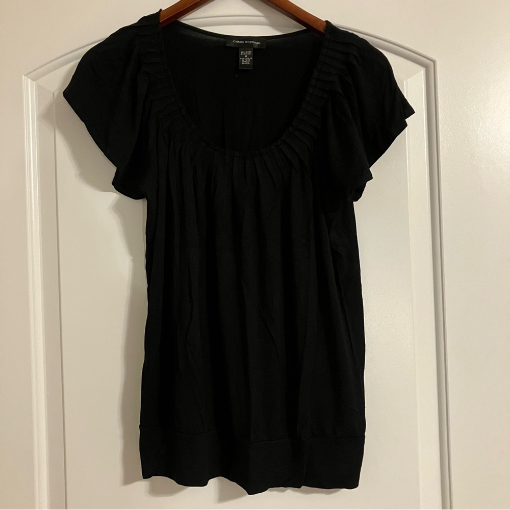 Cable & Gauge Black Short-Sleeved‎ Pleated Scoop Neck Viscose Peasant Boho Top M